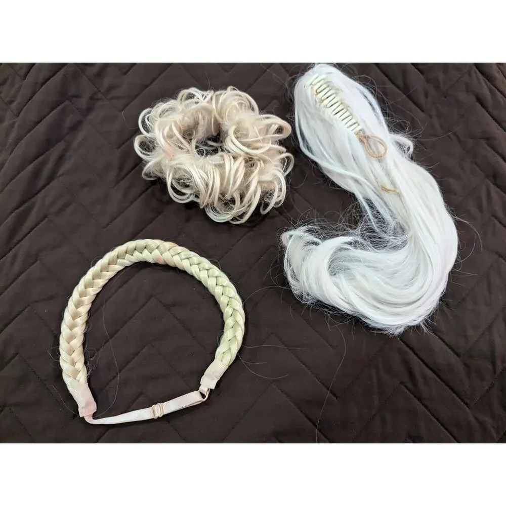 Platinum blonde hair accessory lot: hair scrunchie, braided headband & ponytail